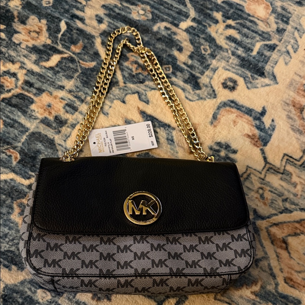 Michael Kors Black and Gray Shoulder Bag with Gold Chain